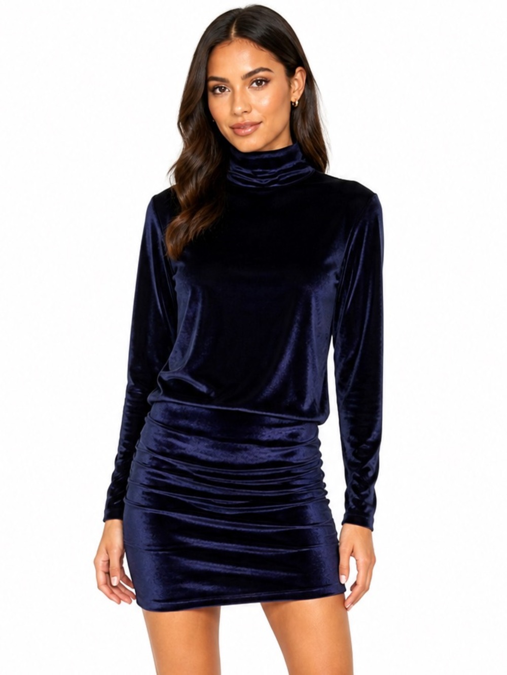 Ronny Kobo Navy Velvet Long Sleeve Turtleneck Open Back Brandy Mini Dress